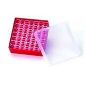 Rack PP rosso 49 posti con coperchio per vials 4 ml 15x45
