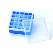 Rack PP blu 25 posti con coperchio per vials 5, 10, 20 ml